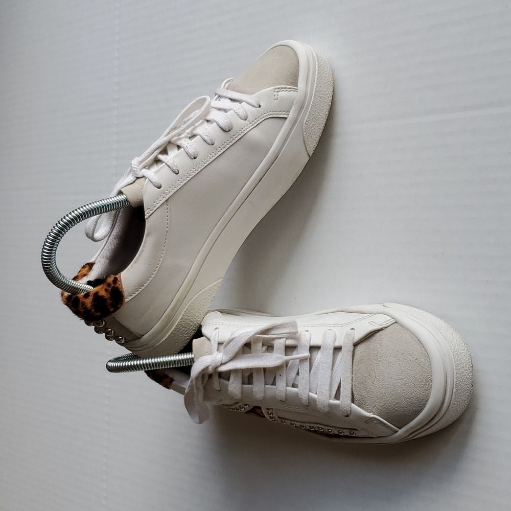 Zara White Studded Sneakers with Leopard Print Shoes Size EU 37 US 6.5 - Picture 3 of 8